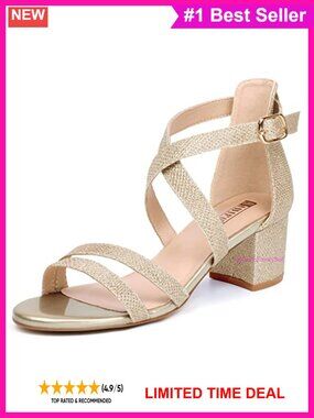 Women's Strappy Low Block Heel Sandals Ankle Strap Dressy Heels